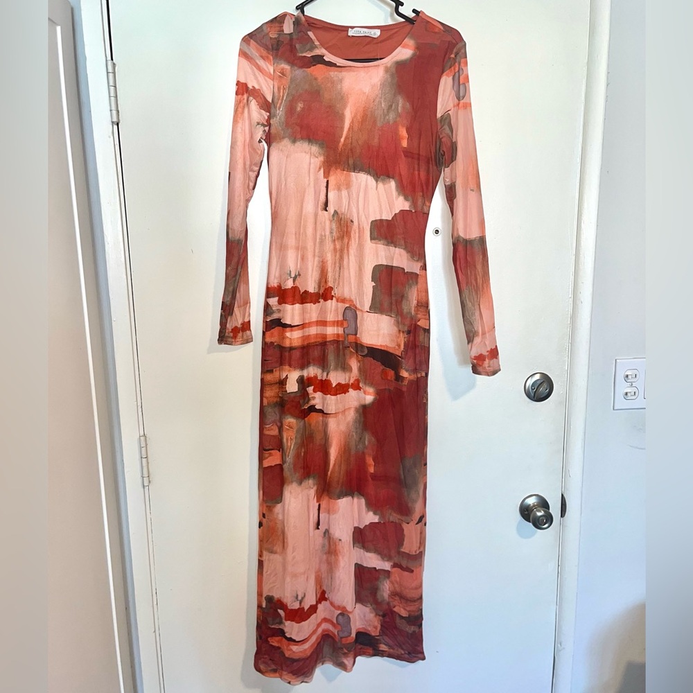 12th Tribe Artistic Red and Pink Long Sleeve Dress